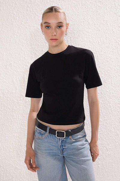 Trendyol Collection Black Cotton Stretch Waist Fitted Crew Neck Short Sleeve Knitted T-Shirt Twoss25Ts00205