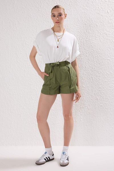Trendyol Collection Light Khaki Linen Look Belted Shorts & Bermuda Twoss25Sr00224