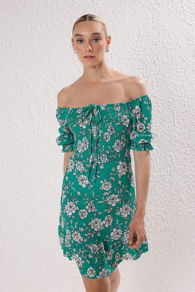 Trendyol Collection Green Floral Patterned Stretchy Midi Knitted Dress - With Guipes and Tie Detail TWOSS24EL01059