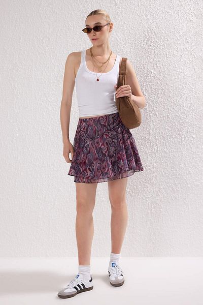 Trendyol Collection Burgundy Self Glitter Patterned Ruffle Mini Lined Chiffon Skirt Twoss25Et00203