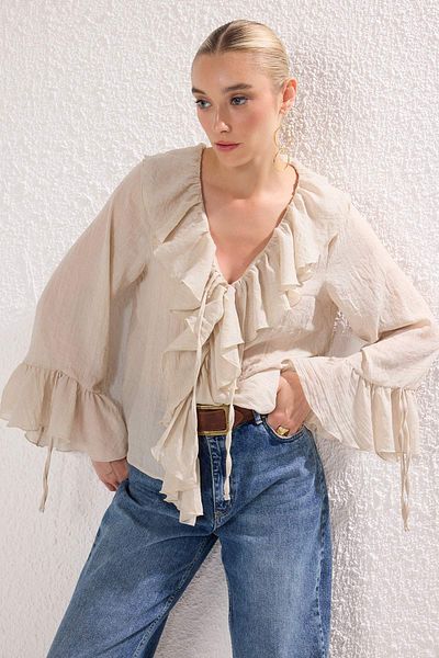 Trendyol Collection Beige Ruffled Bohemian Thin Cotton Fabric Long Sleeve Woven Blouse Twoss25Bz00551