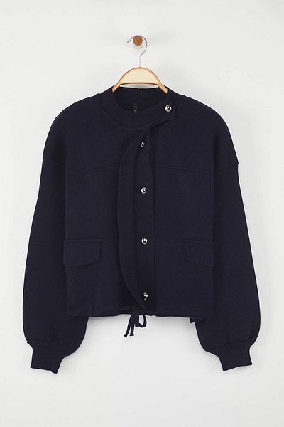 Trendyol Collection Navy Blue Collar Detailed Waist Gathered Knitwear Cardigan Twoaw26Hi00025