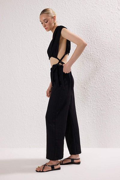 Trendyol Collection Black Woven Binding Detailed Deep V-Neck Beach Blouse Pants Suit Tbess25Au00088