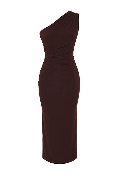 Trendyol Collection Brown One Shoulder Draped Fitted/Slim Fit Stretchy Knitted Midi Pencil Dress Twoss24El00100