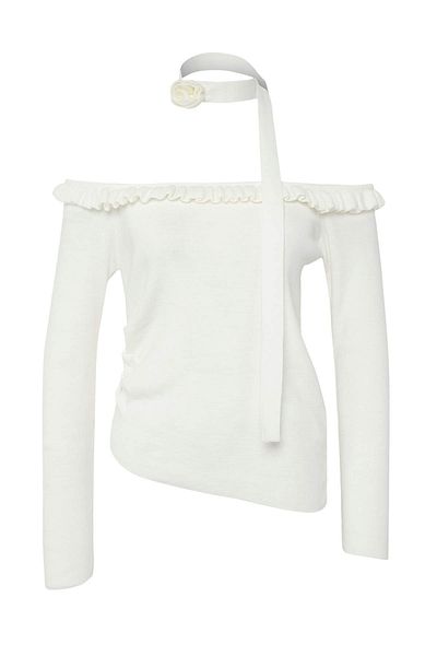 Trendyol Collection Ecru Carmen Collar Frilly Rose Scarf Accessory Knitwear Sweater Twoaw26Kz00029