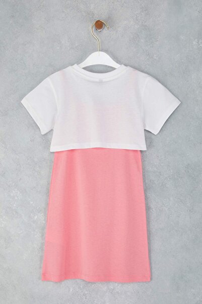 TRENDYOLKIDS Pink Girl's 100% Cotton Slogan Printed Short Sleeve Knitted Dress Tkdss25El00095
