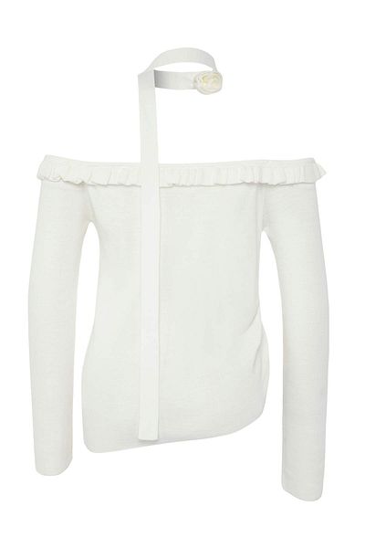 Trendyol Collection Ecru Carmen Collar Frilly Rose Scarf Accessory Knitwear Sweater Twoaw26Kz00029