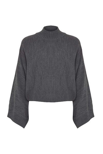 Trendyol Collection Anthrazitfarbener Strickpullover mit weitem Schnitt und Fledermausärmeln TWOAW23KZ01838
