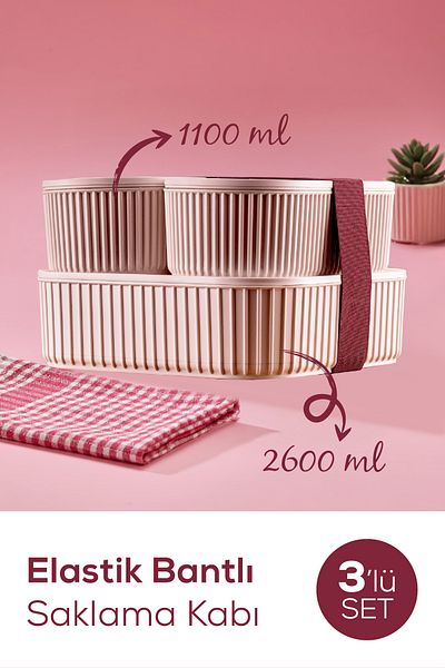 Vienev Set of 3 Practical Stackable Storage Containers with Elastic Band, Pink, 2X(1100 ml) 1X(2600 ml)
