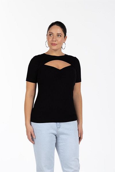 LUOKK Vanessa Round Neck Chest Window Detail Plus Size Blouse Black