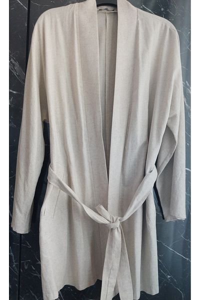 Dagü Design Women's Long Beige Belt Linen Kimeno