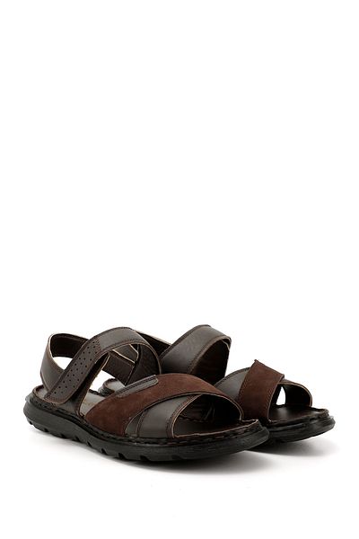 GÖNDERİ(R) Men's Brown Velcro Cross Strap Genuine Leather Sandals
