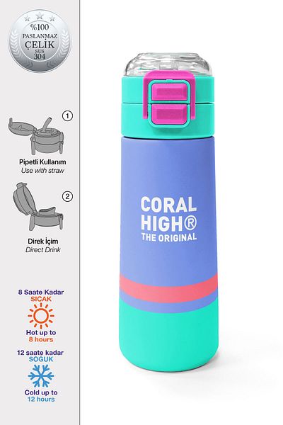Coral High Kids Deep Blue Colored Steel Thermos with Straw and Direct Drinking 500 ml 31854