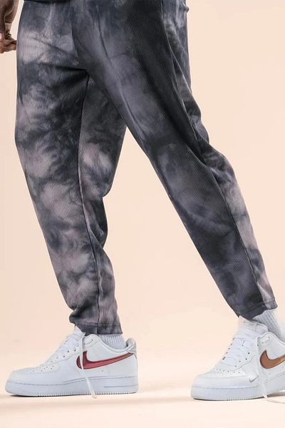 Superbluemexico Men's Tie-Dye Patterned Elastic Smoked Trousers