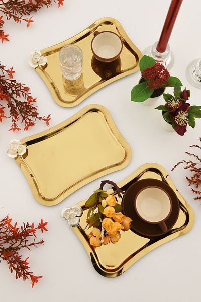 AKSESUAR EVRENİ Naldo Italian Model Silver Stone Detailed 3 Presentation Trays Gold