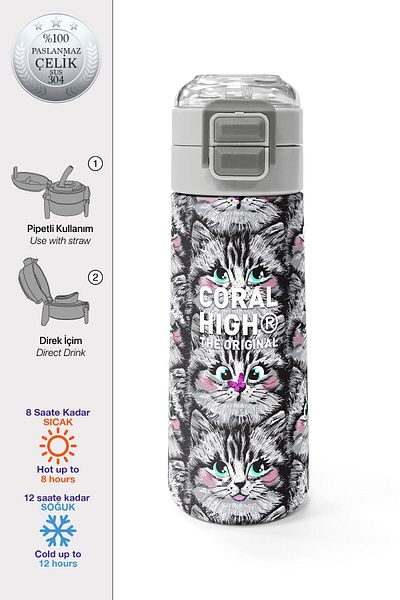 Coral High Kids Gray Cat Patterned Steel Thermos with Straw and Direct Drinking 500 ml 31851