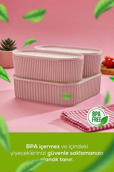 Vienev Set of 3 Practical Stackable Storage Containers with Elastic Band, Pink, 2X(1100 ml) 1X(2600 ml)