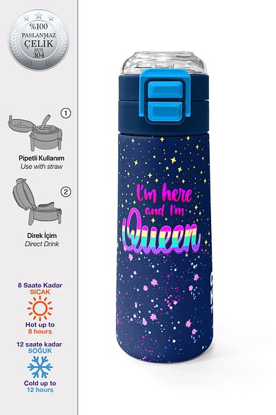 Coral High Kids Multicolored Navy Blue Patterned Steel Thermos with Straw and Direct Drinking 500 ml 31848