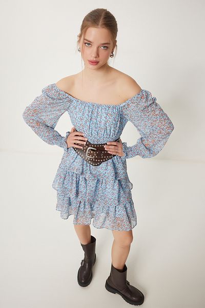Lovelyİstanbul Rochie din șifon cu guler Carmen cu flori Albastru cer Ldk0005