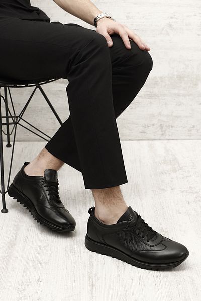 GÖNDERİ(R) Men's Black Genuine Leather Lace-Up Sneakers