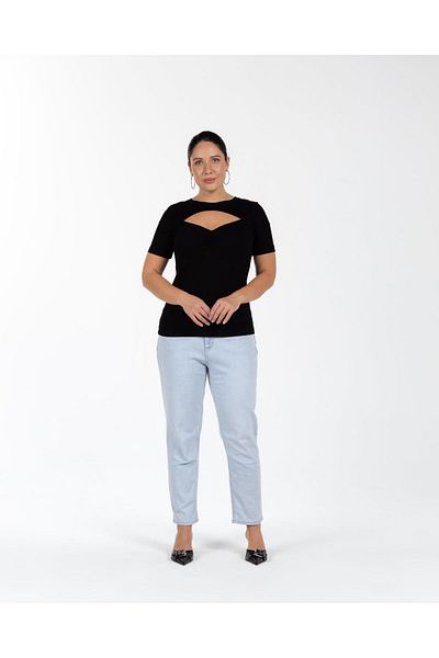 LUOKK Vanessa Round Neck Chest Window Detail Plus Size Blouse Black