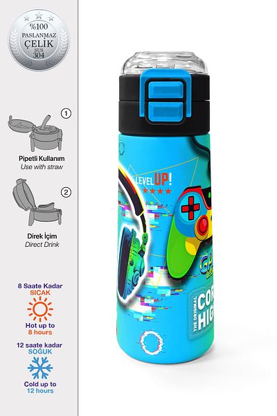 Coral High Kids Headphones Game Patterned Straw and Direct Drinking Steel Thermos 500 ml 31841