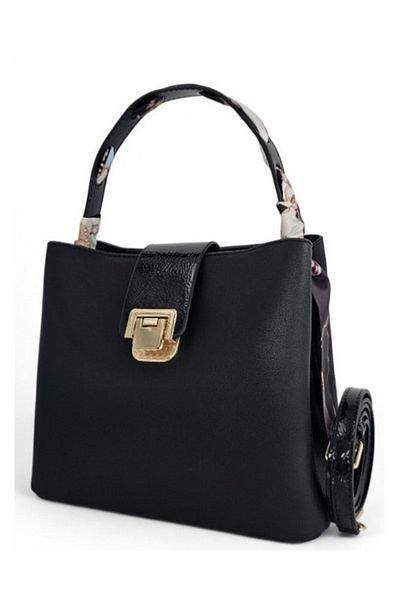 Evident Small Size Women's Hand and Shoulder Bag with Black Patent Leather and Lock Detail Scarf