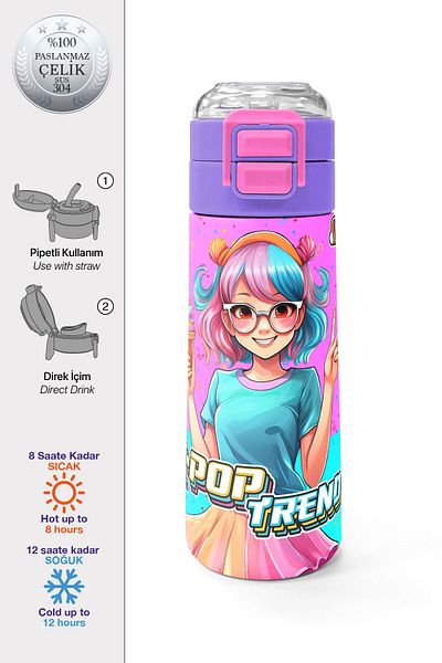 Coral High Kids Pink Turquoise K-Pop Patterned Steel Thermos with Straw and Direct Drinking 500 ml 31865