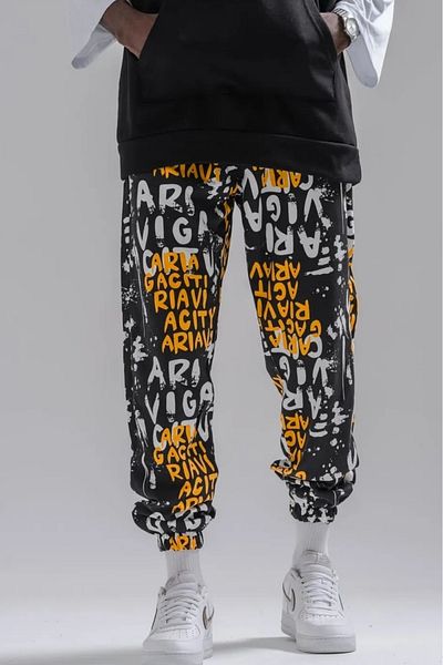 Superbluemexico Men's Letter Patterned Loose Yellow Jogger Pants