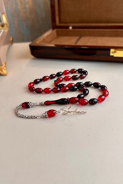 dergah tesbih Night Red Fire-i Amber Prayer Beads with Special Signature Design for Your Name