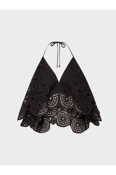 RİVUS Halter Neck Lace Crop Blouse - Black