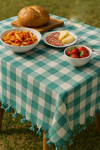 Hepsine Rakip 150x150 Cm Kareli Yer Sofra Bezi Piknik Masa Örtüsü Saçaklı