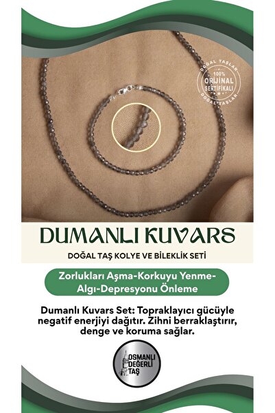 OSMANLI DEĞERLİ TAŞ Sertifikalı Dumanlı Kuvars Doğal Taş Kolye ve Bileklik Seti