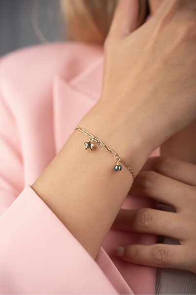 Altınaşkı Aynalı Zincirli Ataşlı Göz Boncuklu Altın Bileklık