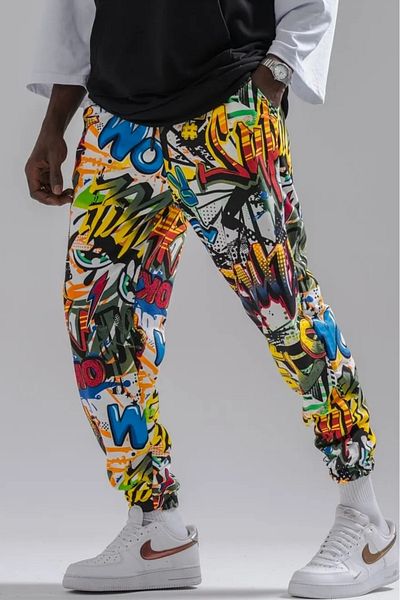 Superbluemexico Men's Text Patterned Colorful Jogger Pants