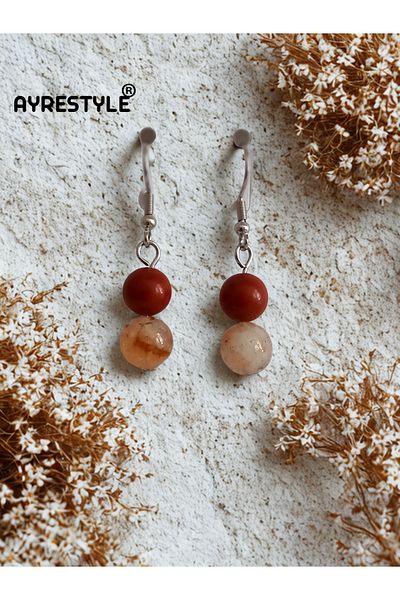 ayrestyle أقراط متدلية من السترين والحجر الطبيعي جاسبر الأحمر مع خطاف فضي اللون