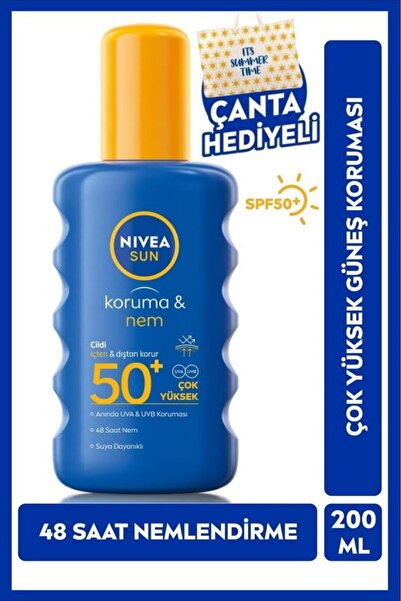 NIVEA SUN SPF 50+ Yüksek Güneş Koruyucu Vücut Spreyi 200ml,Nemlendirici,Suya Dayanıklı,Plaj Çantası Hediye