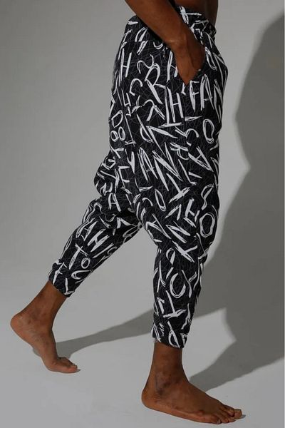 Superbluemexico Men's Text Patterned Loose Smoked Baggy Trousers