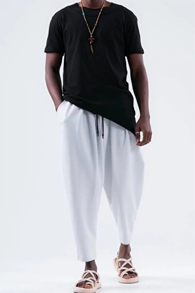 Superbluemexico Ανδρικό φαρδύ πλισέ λευκό φαρδύ παντελόνι