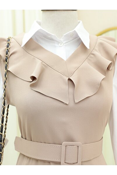 Modamorfo Μπεζ Gilet Φόρεμα με μακριά ζώνη με λαιμόκοψη V