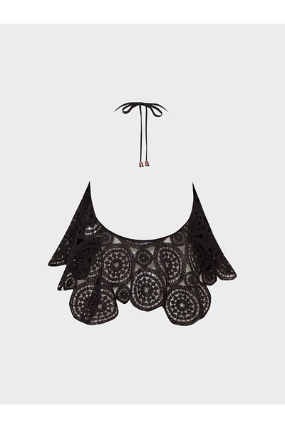 RİVUS Halter Neck Lace Crop Blouse - Black