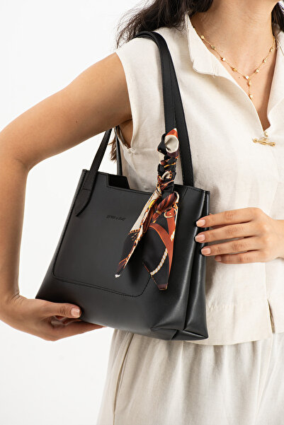 Qulaccia Kadın Siyah Omuz Çantası İç Çep’Li Fularlı Siyah