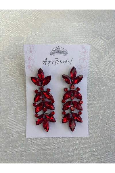 AYS Kırmızı Kristal Abiye Küpe, Kına, Nişan