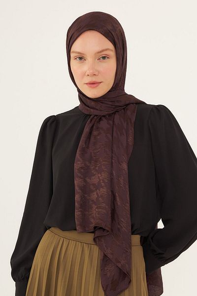 MİRSOY SCARF Shiny Jacquard Patterned Houndstooth Shawl - Bitter Brown
