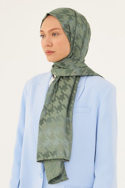 MİRSOY SCARF Shiny Jacquard Patterned Houndstooth Shawl - Mildew Green
