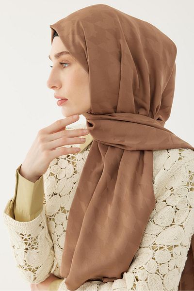MİRSOY SCARF Mink Colored Silky Jacquard Patterned Houndstooth Shawl