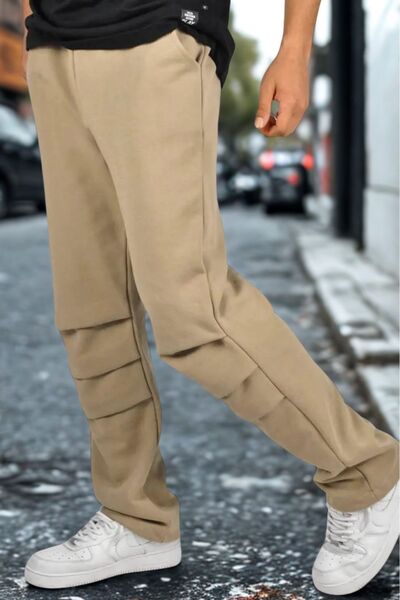 Superbluemexico Men's Wide Leg Elastic Beige Baggy Trousers