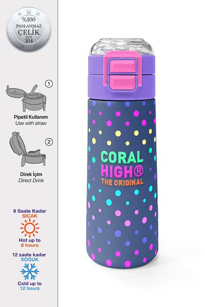 Coral High Kids Navy Blue Polka Dot Patterned Straw and Direct Drinking Steel Thermos 500 ml 31872