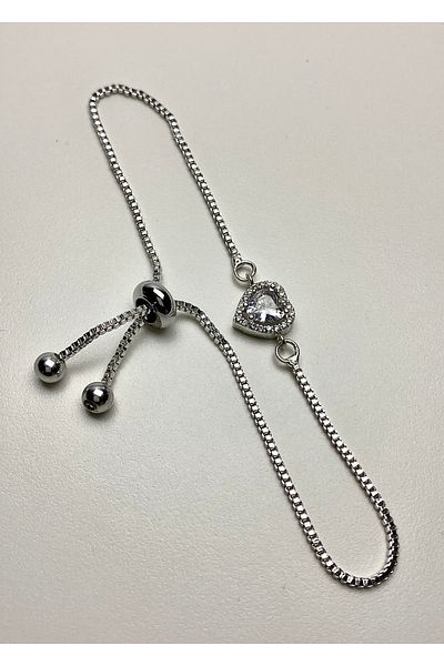 Tixy Pixy White Zircon Stone Heart Adjustable Silver Stainless Steel Women's Bracelet