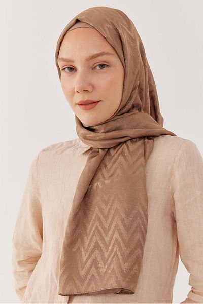 MİRSOY SCARF Shiny Jacquard Zigzag Patterned Shawl - Sand Beige